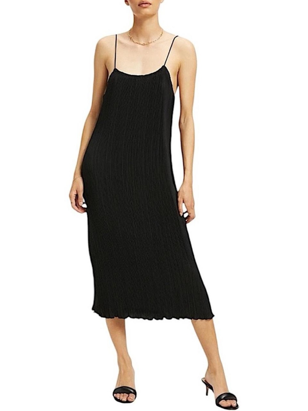 Good American Plissé Crepe Midi Slip Dress Black Ribbed Spaghetti Strap